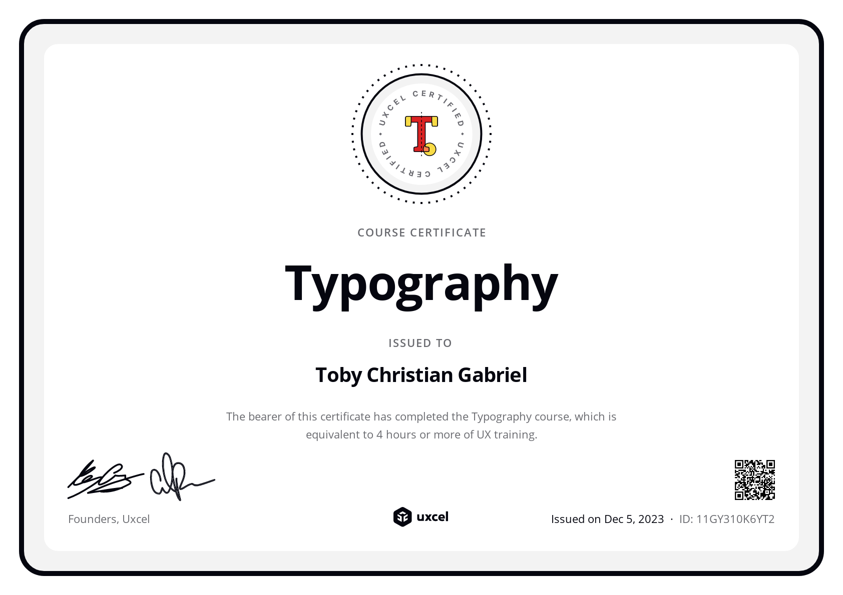 Toby Christian Gabriel's certificate